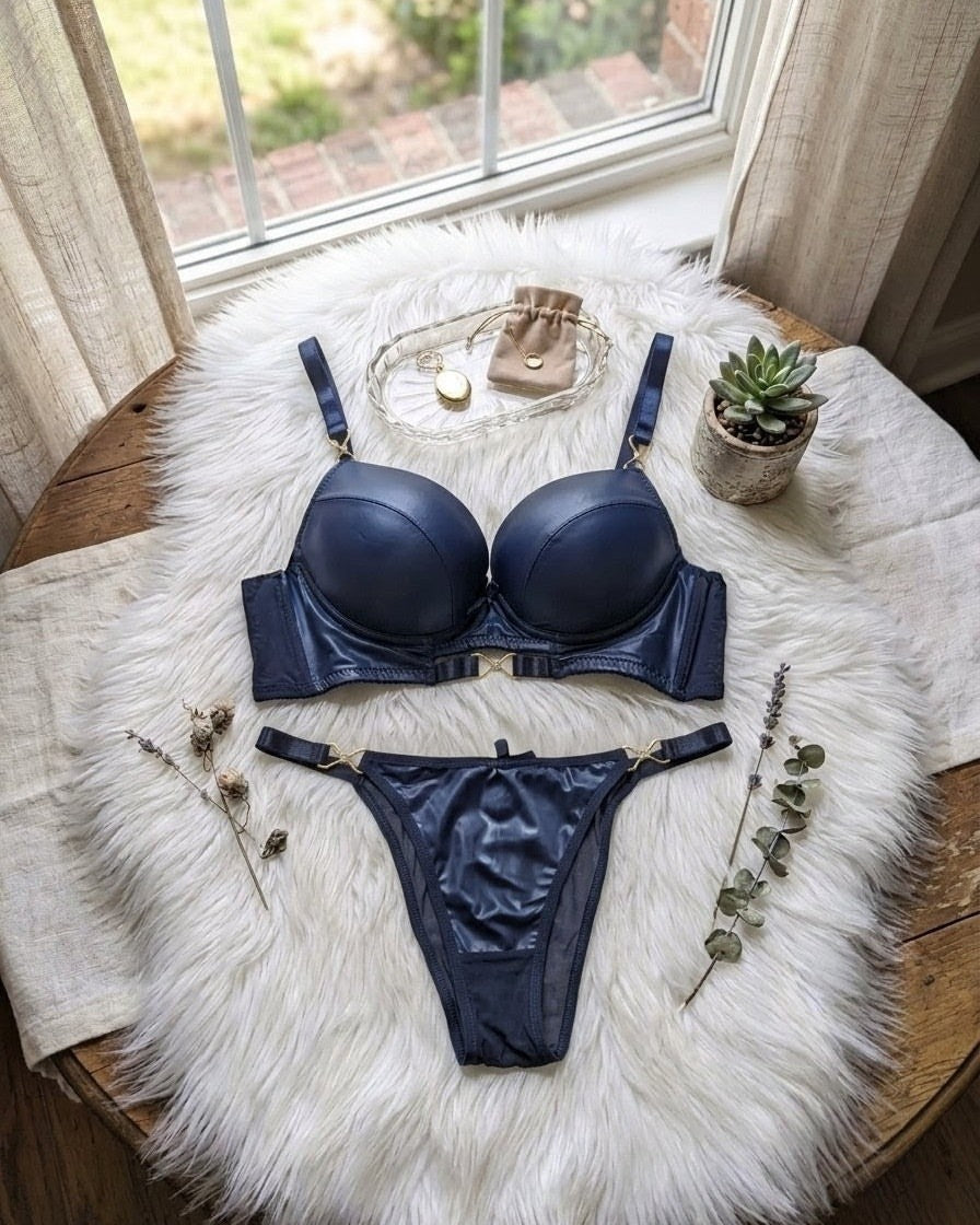 Bold Leather Look Push-Up Bra Set
