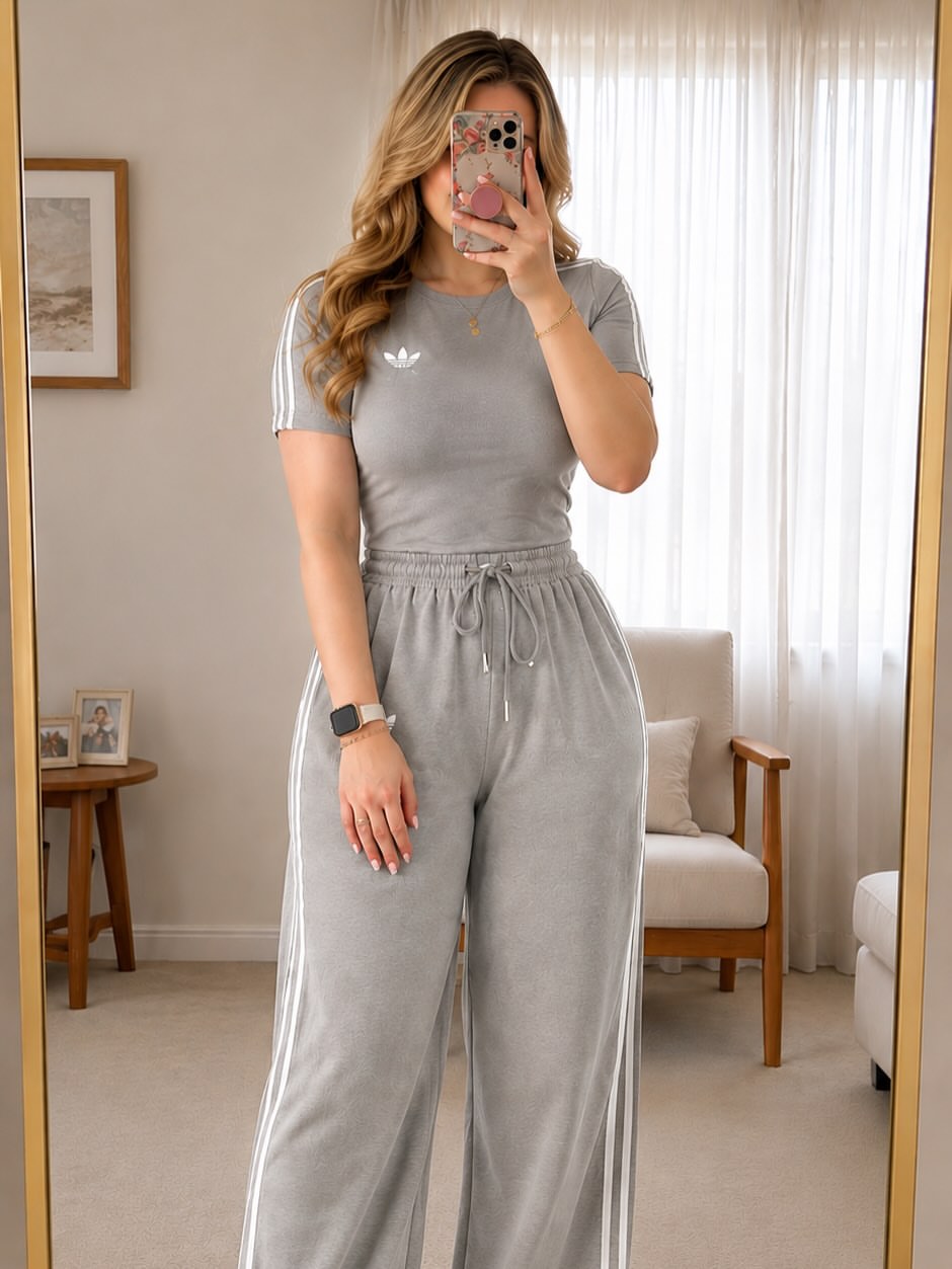 Women's Striped Wide-Leg Lounge Set – Crew Neck Top & Pants (2 Piece)