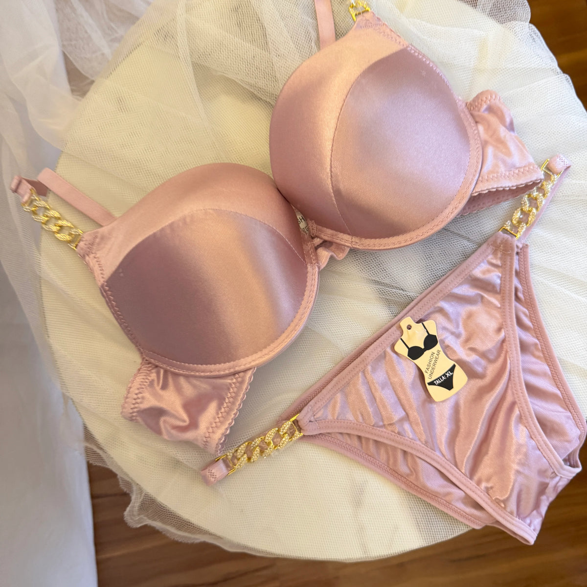 Silky Satin Shoulder Chain Bra set(Single Pad)