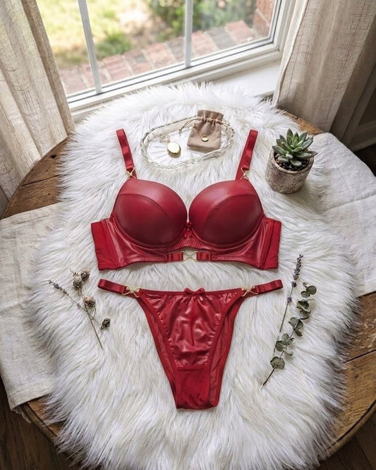 Bold Leather Look Push-Up Bra Set