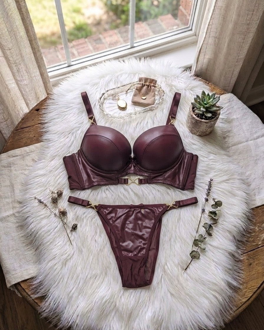 Bold Leather Look Push-Up Bra Set