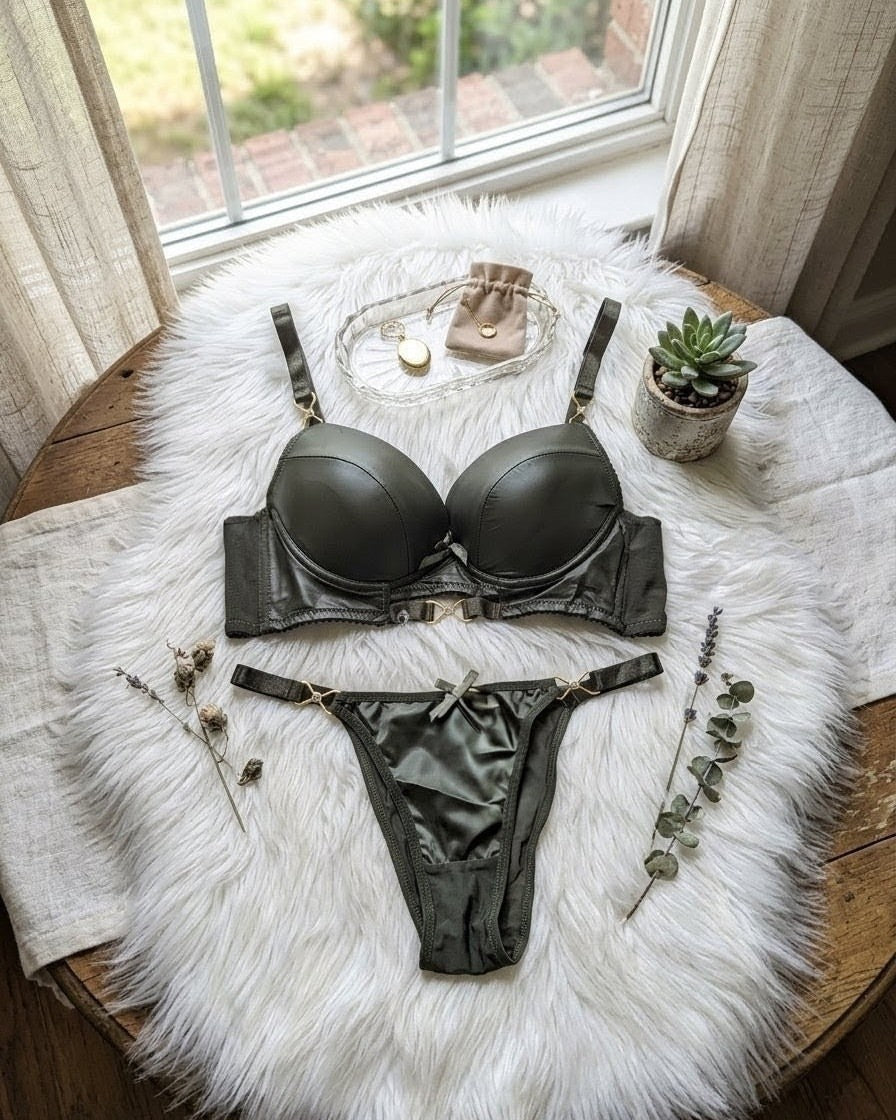 Bold Leather Look Push-Up Bra Set